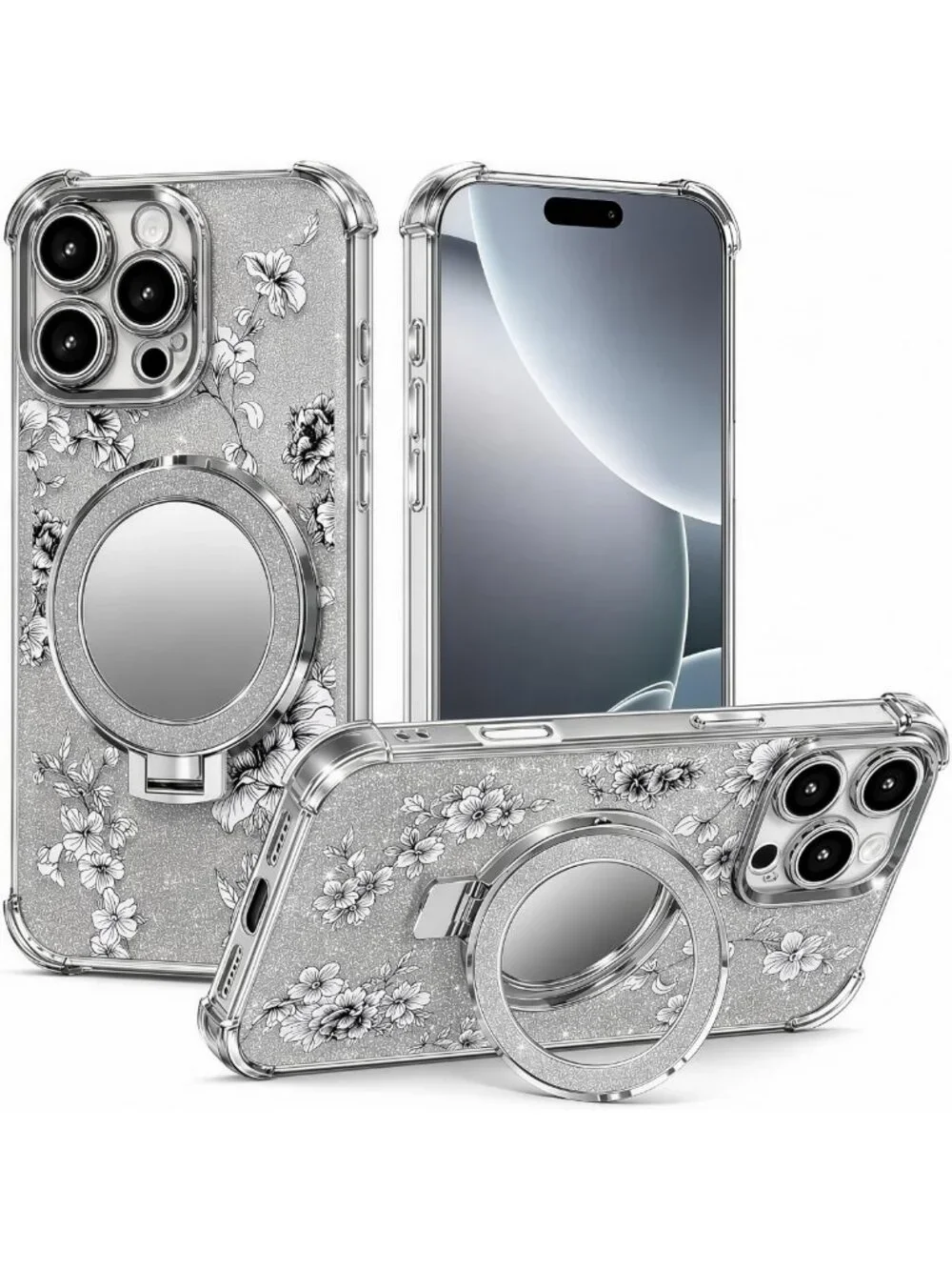 Luxury Glitter Bling Floral iPhone 12 Pro Max Case with Diamond Kickstand